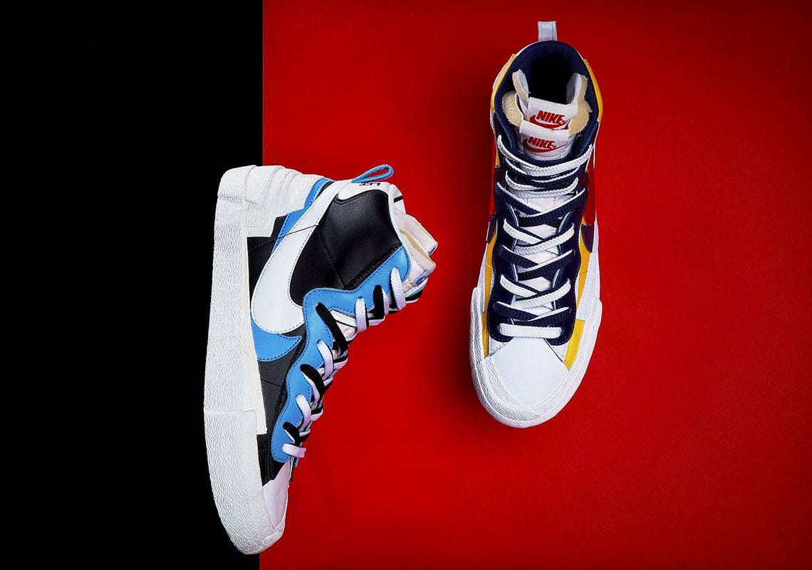 Sacai x Nike Blazers Against Contrasting Backgrounds Via Sneakernews 